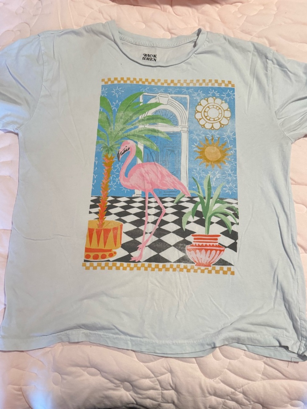 Anthropologie Light Blue Short Sleeve Flamingo Graphic Tee
